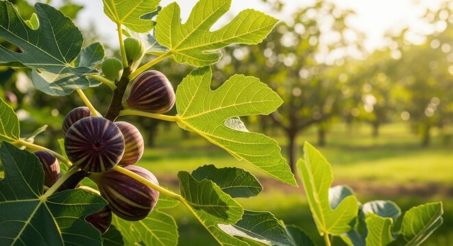 Ripe figs hanging from a lush green fig tree branch in a sunny orchard