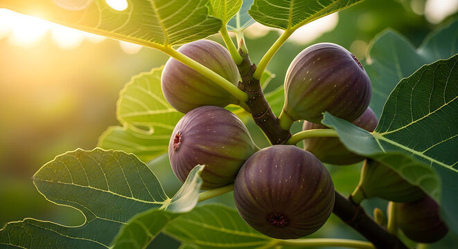 Close up of fresh figs growing on a branch with lush green leaves