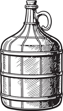 Glass carboy - Beer Brewing Equipment Hand-drawn Sketch Drawing Vector Illustration, Line Linear Symbol Black and White Engraving, Isolated