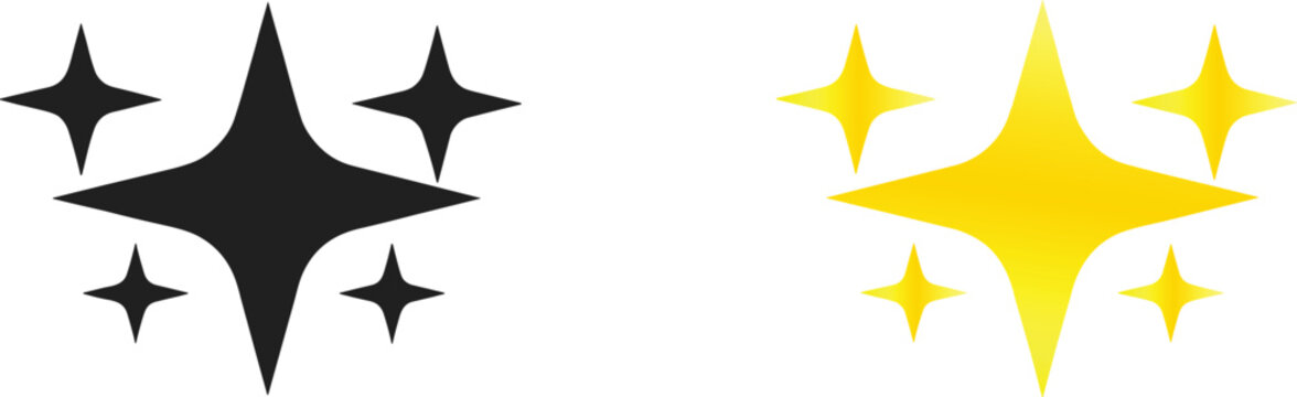 Black and Yellow Gold Four Pointed Sparkle Star Cluster Duo Set with Glitter Shine Effect Decorative Vector Illustration