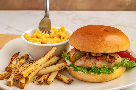 salmon burger  with seasoned fries and mac and cheese