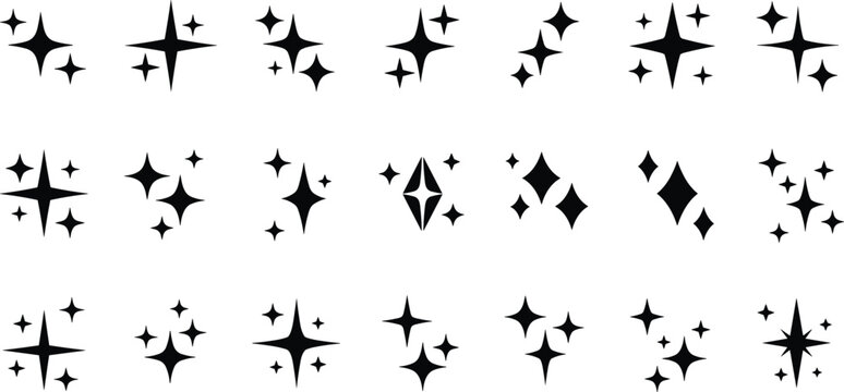 Black Four Pointed Sparkle Star Glitter Shine Icon Mega Collection with Various Sizes and Cluster Styles Vector Set