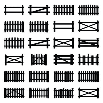 Wooden fence and gate vector collection, diverse ranch and garden fencing styles including farm barriers, picket fences, and entry gates for landscaping design, rural scenes, and outdoor projects