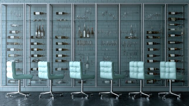 Six modern swivel chairs face expansive glass display cabinets filled with bottles and glassware.