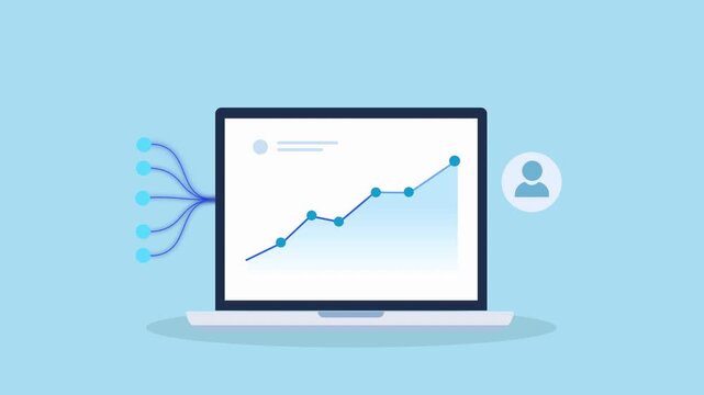Minimal flat animation of a laptop displaying a rising data chart with incoming data lines and a user profile icon, representing analytics, user data tracking, and personalized performance insights.