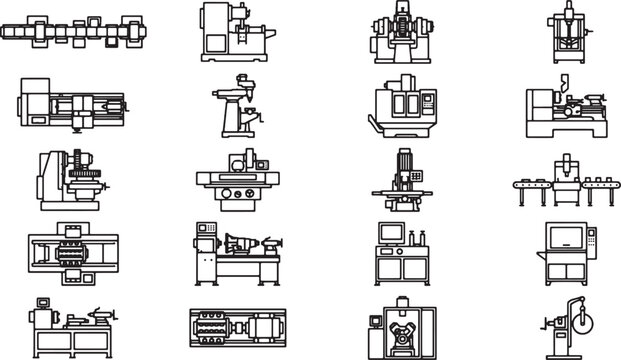 Detailed line drawing captures a variety of industrial machines used in manufacturing processes, offering a clear and concise visual representation.