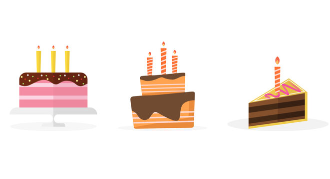Set of Three Birthday Cake Flat Design Illustrations Including Pink Layer Cake, Orange Two-Tier Cake and Chocolate Cake Slice on White Background