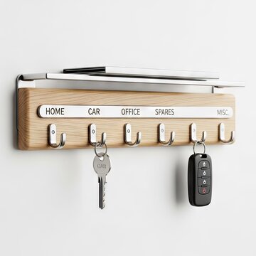 Wooden key holder with hooks and labeled sections against a white wall