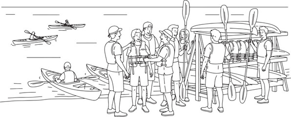 Obraz premium group of people preparing watercraft and paddles by the shore in minimalist line art style