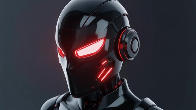 Glossy black humanoid robot with glowing red eyes, symbolizing futuristic artificial intelligence, power, and high‑tech design.