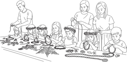 Obraz premium family crafting floral decorations with children in a creative workshop setting