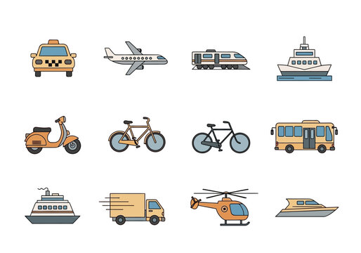 A collection of vector graphics illustrating various modes of public and private transportation, including cars, buses, trains, planes, and boats