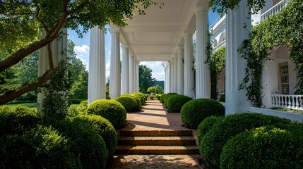 Obraz premium hedges. Grand architectural entrance with columns and hedges, exuding elegance under a clear sky. real-estate listings.