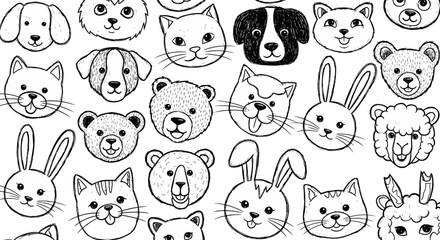 Naklejka premium Hand-drawn animal faces pattern, cute doodle pets and wildlife characters, black and white line art vector illustration for coloring book