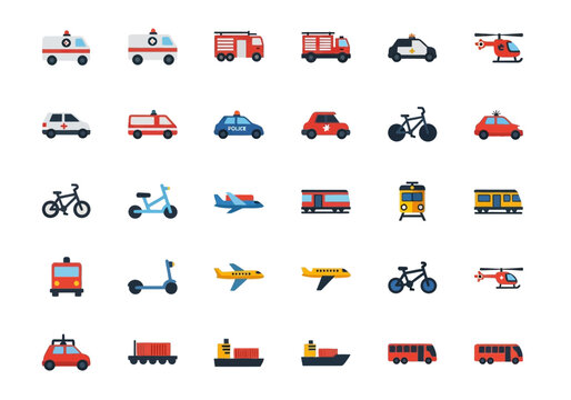 Diverse vector illustrations of public transportation vehicles and modes of travel, including emergency services, personal mobility, and commercial transport