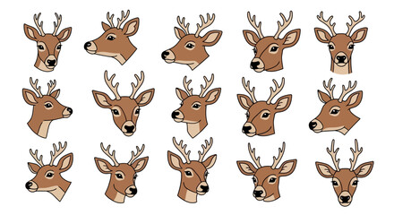 Fototapeta premium Deer head vector set, 15 buck deer icons with antlers, brown stag head illustrations for hunting and nature design, wild animal mascot collection