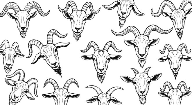 Goat head vector collection, hand drawn farm animal sketches with horns, black and white goat portraits set for logo design and rustic branding