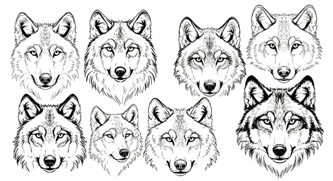 Wolf head line art collection, set of 8 hand drawn wolf face illustrations, black and white wildlife predator sketches for tattoos and logos