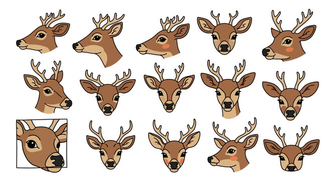 Cute deer head vector collection, 14 cartoon reindeer face icons with antlers, brown buck stag character set for winter holidays and nature design