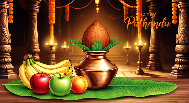 Traditional pithi pot with fruits and decorative elements for happy puthandu celebration scene in cultural setting