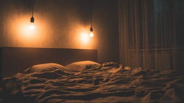 Dimly lit bedroom setting features a rumpled bed under warm hanging light bulbs.