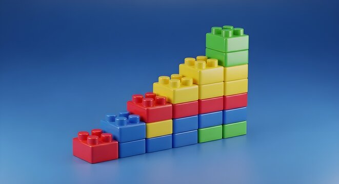 Staircase made of colorful plastic building blocks on a blue background