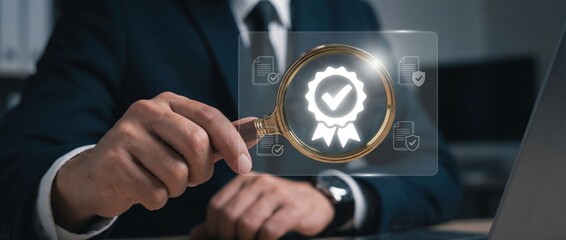 Fototapeta premium Evaluating quality assurance in business operations corporate office visual content professional environment close-up view certification concept for enhanced performance