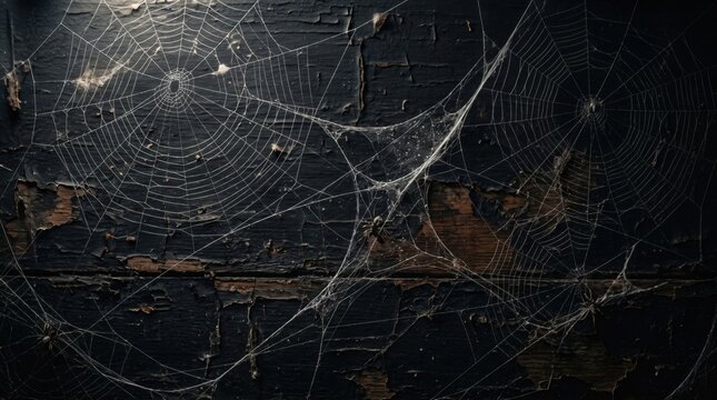 Spiderwebs sprawl across the weathered surface of a dark wooden plank in an abandoned building.