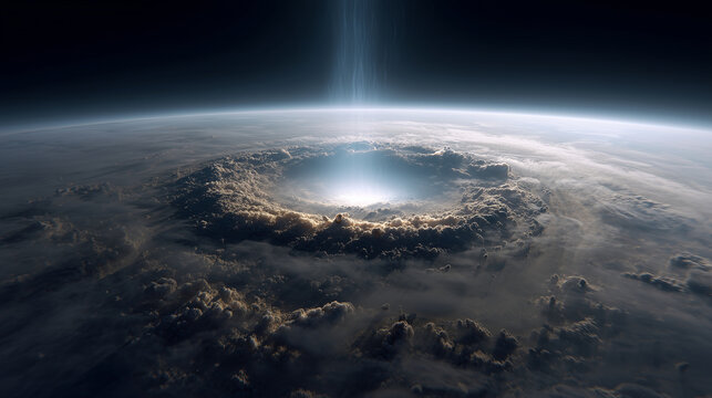 Asteroid impact crater on Earth seen from space, catastrophic cosmic event concept, planetary disaster, meteor strike, shockwave, atmosphere, clouds and cinematic apocalyptic scien