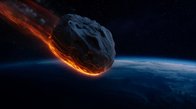 Massive asteroid entering Earth orbit with fiery trail, cinematic space disaster scene with rugged rock surface, glowing impact heat, planetary horizon and dramatic sci fi astronom