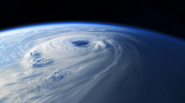 Massive hurricane cyclone viewed from space over Earth, realistic orbital storm system with swirling cloud bands, deep eye, blue atmosphere and dramatic extreme weather science vis