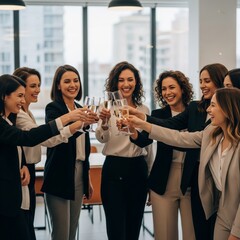 Obraz premium Group of Smiling Businesswomen Toasting Champagne in Bright Office