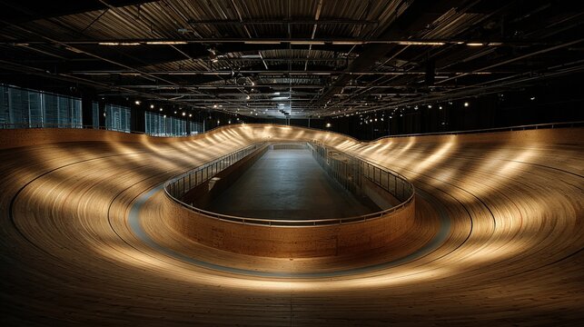 steep. Empty wooden cycling track with steep curves, spotlight illumination and architectural symmetry. real-estate listings.