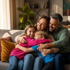 Obraz premium Happy Family Embracing on Couch in Living Room at Home