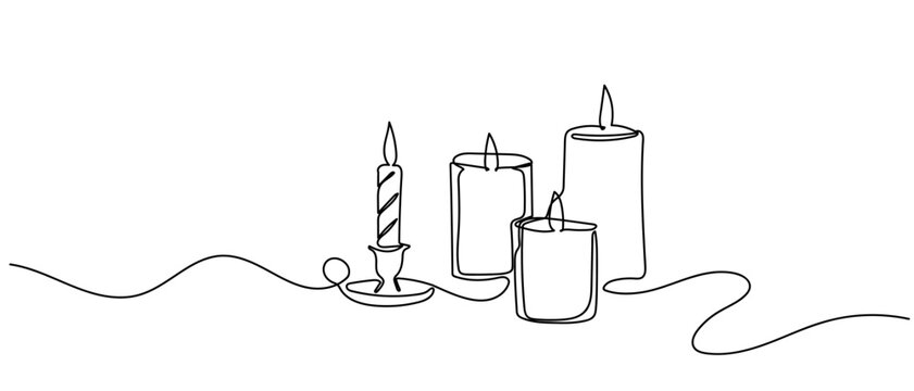 One continuous single line drawing of Candles and candle holders isolated on white background minimalism design. Editable stroke.