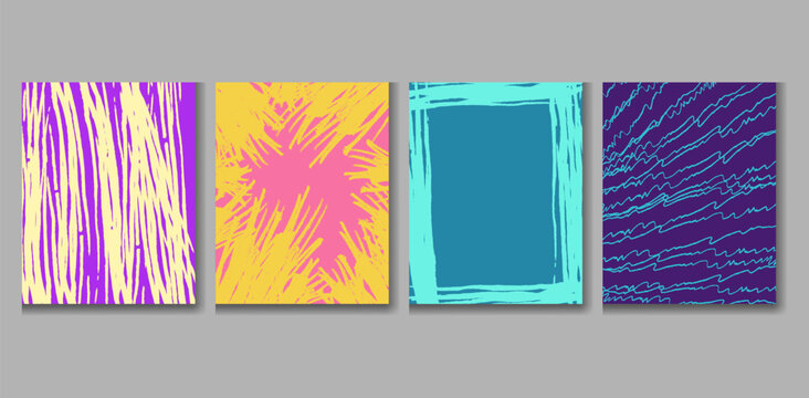 Four colorful abstract art panels with unique designs on a gray background for creative projects and presentations