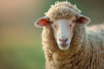 Fototapeta premium Close-up portrait of a fluffy sheep with soft wool and warm backlight, neutral green background, sharp focus on face, friendly expression