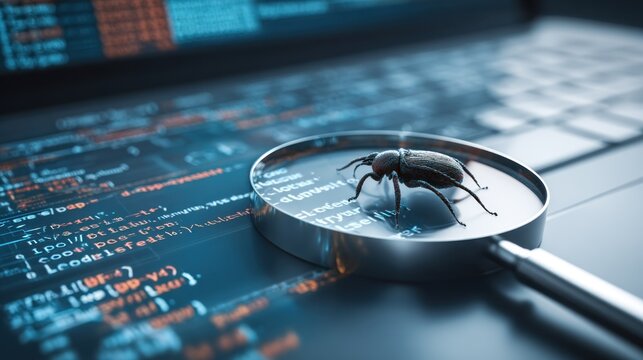 Illuminated insect rests upon a magnifying glass examining illuminated computer programming text on a device.