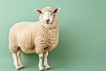 Fototapeta premium White sheep with fluffy wool standing against a mint green background, three-quarter view, studio-lit, isolated on seamless backdrop