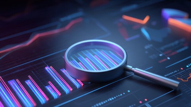 Magnifying glass over business graph analysis concept