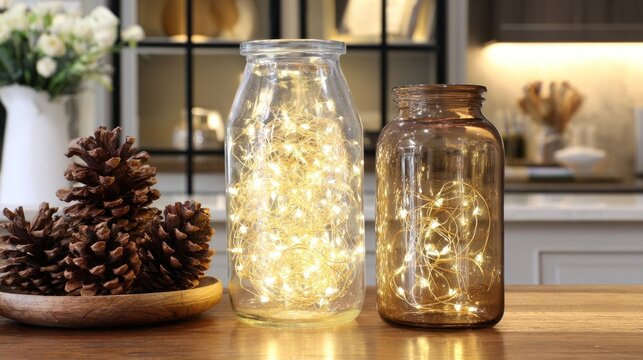 Decorative glass jars holding warm fairy lights sit beside pinecones on a wooden surface in a home setting.