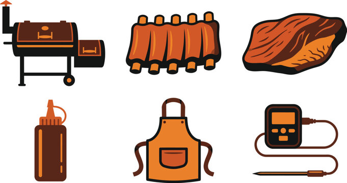 Six Professional BBQ Smoker and Slow Cook Icons in Deep Orange Dark Brown and Matte Black Flat Vector Pack Featuring Offset Smoker Ribs Brisket Sauce Bottle Apron and Thermometer