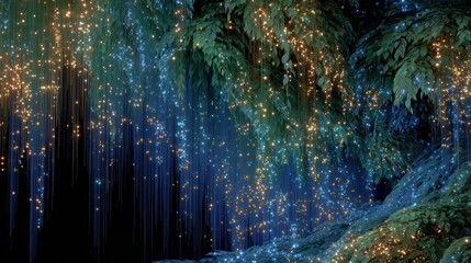 Fototapeta premium Enchanted Forest with Glowing Lights and Lush Green Leaves at Night