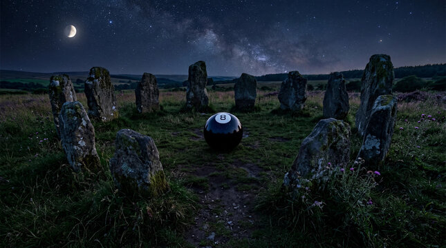 Mystical eight ball in ancient stone circle under starry night sky