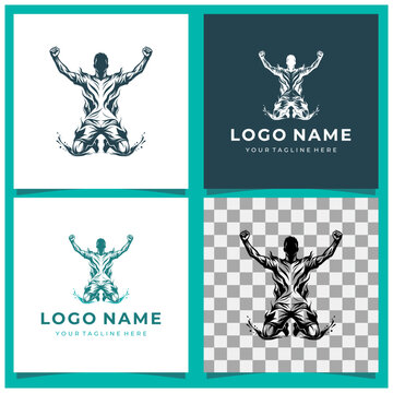 Dynamic Athlete silhouette in kneeling victory celebration pose mascot logo vector