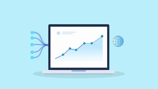 Minimal flat animation of a laptop displaying a rising data chart with incoming data lines and a globe icon, representing global analytics, internet connectivity, and worldwide data flow.