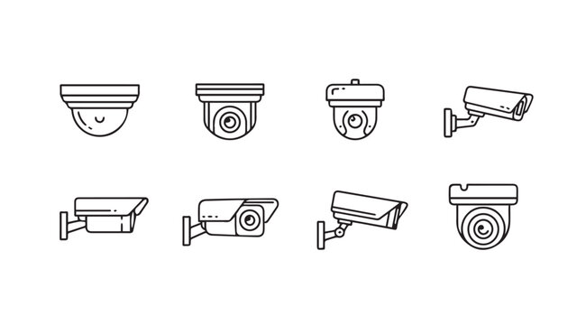 Security camera icons in line art style for surveillance and protection concepts