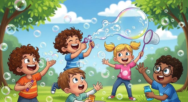 Children Playing with Bubbles in a Park.