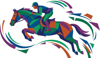 Fototapeta premium Horse jumping represents a dynamic equestrian sport depicted through a colorful geometric design style.