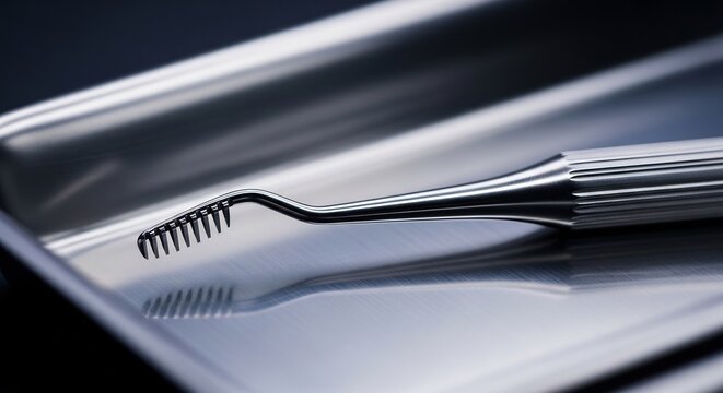Close up of a dental scaler tool on a metal tray.